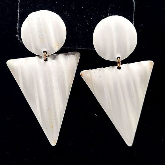 Vintage 80s Triangle Enamel Earrings 2.5in - Picture 1 of 4